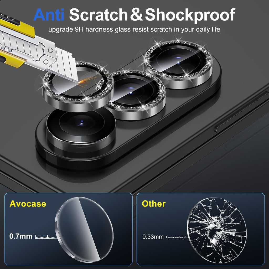 Avocase for Samsung Galaxy Z Fold 7 Camera Lens Protector, Individual Metal Ring Tempered Glass Lens Cover, [Strong Adsorption] Scratch Resistant Ultra-Thin HD Clear Lens Cover, 1 Set-Black Sparkly