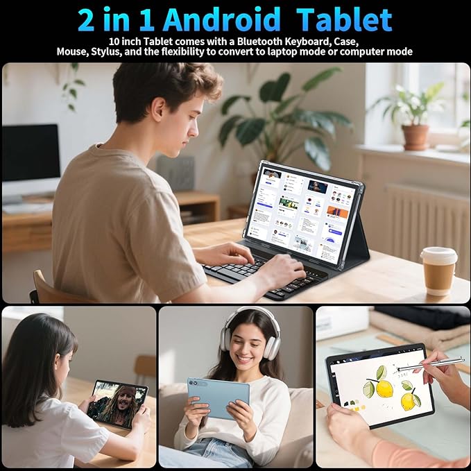 2025 Android 15 Tablet with Keyboard, 24GB+128GB+2TB Expand, 10.1 Inch Octa-Core 2-in-1 Tablets with 5G/2.4G WiFi, 8000mAh, BT5.0, GMS Certified, with Mouse, Case, Stylus, Split Screen(Black)