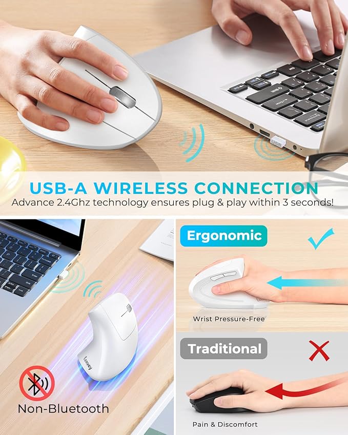 Lekvey Ergonomic Mouse, Vertical Wireless Mouse, Rechargeable 2.4G Optical Carpal Tunnel Mice with USB Receiver: 1000/1200 / 1600 DPI, 6 Buttons, for Laptop, Computer, PC, Desktop, Notebook, White