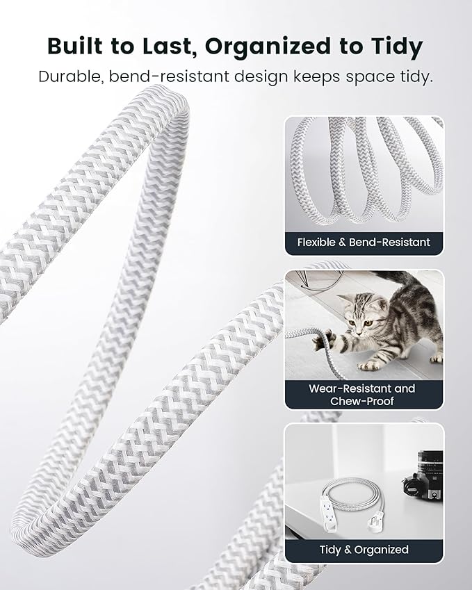 SURAIELEC 6FT Flat Extension Cord with 360° Rotating Plug, Braided Flat Plug with 3 Outlets, 16 AWG Thin White Extension Cord for Indoor Use, Home, Office, Compact Spaces, ETL Listed