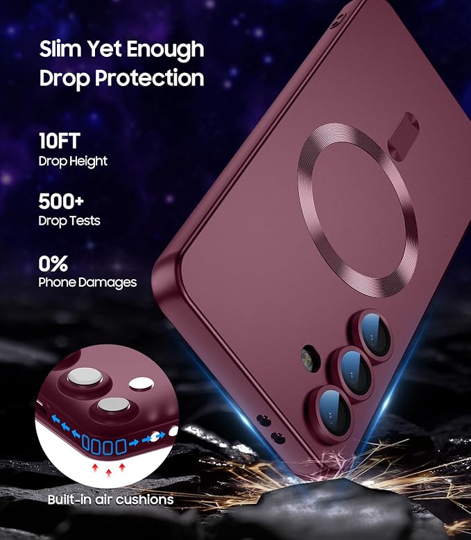 Magnetic for Samsung Galaxy S24 FE Case [Compatible with MagSafe][Built-in Camera Lens Protector] Slim Soft Silicone Bumper Shockproof Metallic Luster Phone Cover (Burgundy)