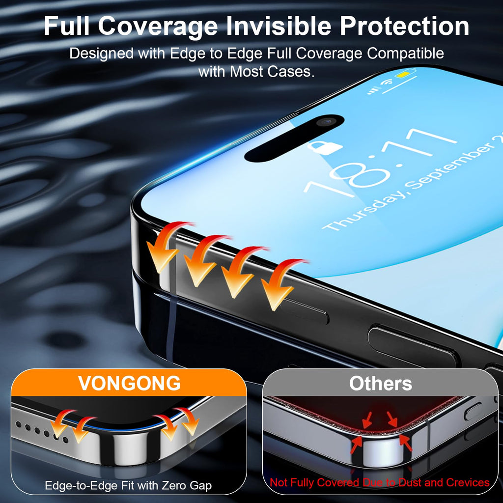 Vongong 2 Pack Screen Protector for iPhone 16 Plus,Durable and Drop-Proof with 9H Hardness,Bubble-and-Dust-Free 16 Plus HD High-Aluminum Tempered Glass,Easy Installation Exclusively