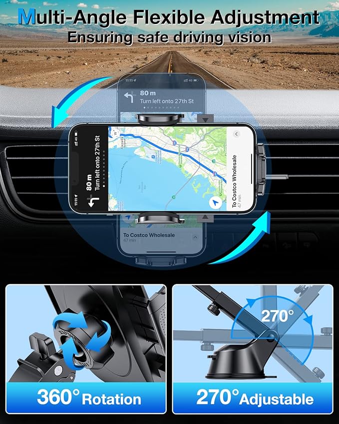 HTU [True Military-Grade] 2025 Upgraded Car Phone Holder 【Safety Certs & No Smell】 Cell Phone Holder for Car Mount for Dashboard Windshield Air Vent Long Arm Thick Case,Navy Blue