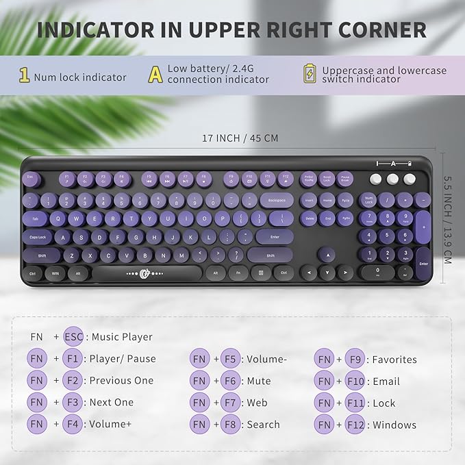 Wireless Keyboard and Mouse Combo, 104 Round Keys Cute Colorful Keyboard and Mouse with Retro Typewriter for PC/Mac/Laptop/Tablet/Computer/Windows Black Purple