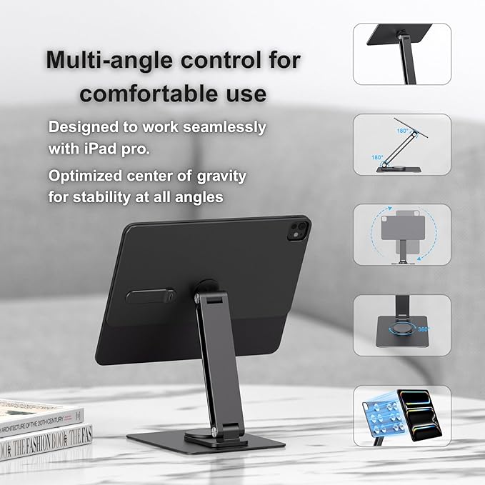 Magnetic iPad Pro M4 13-inch Stand with Wireless Charging 18W, 360° Rotating Aluminum Tablet Holder for iPad Pro M4 13-inch, Adjustable Desk Mount Series (M4-13inch)