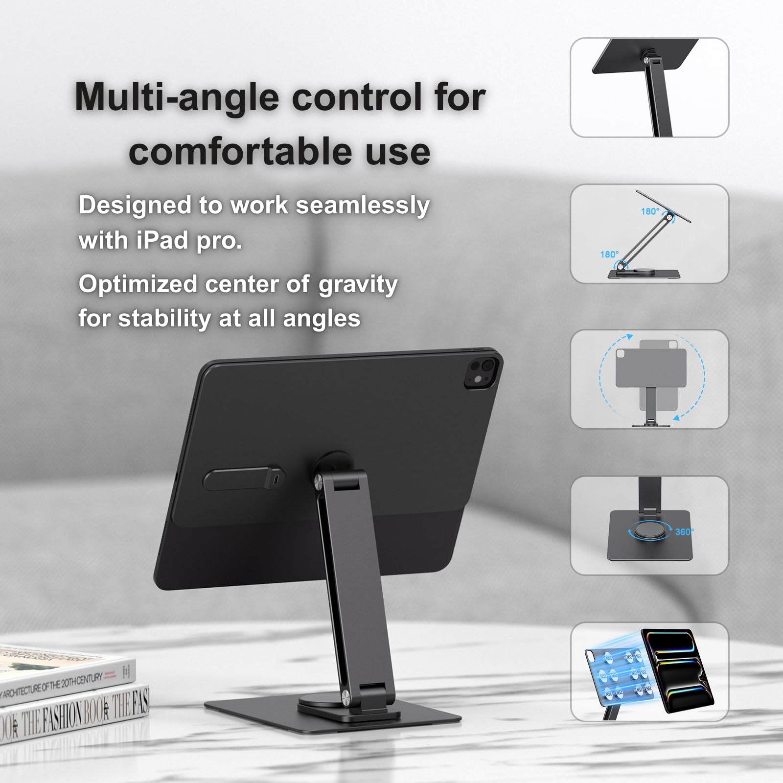 GEWOKLIY Magnetic iPad Pro M4&M5 11-inch Stand with Wireless Charging 18W, 360° Rotating Aluminum Tablet Holder for iPad Pro M4/M5 11-inch, Adjustable Desk Mount Series (M4/M5-11inch)