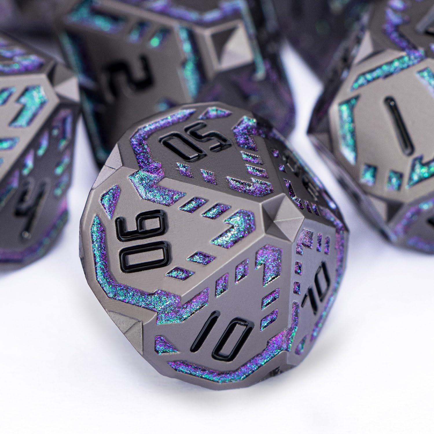 OGCOPHEN Metal DND Sci-fi Dice Set 7PCS Stripe Polyhedral Dice for Dungeons Dragons RPG Role Playing Game, Glitter D and D Dice with Gift Box D6 D8 D10 D12 D20 (Black&Green Purple)