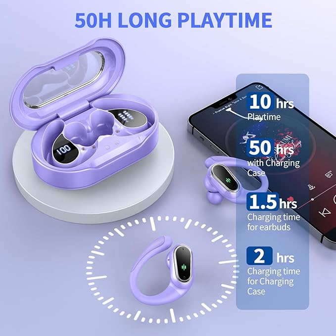 Wireless Earbuds, 2025 Bluetooth 5.4 Headphones Sport, Bluetooth Earbuds with ENC Noise Canceling Mic, 50H Stereo Wireless Headphones IP7 Waterproof with Earhooks, Dual LED Display for Workout/Running
