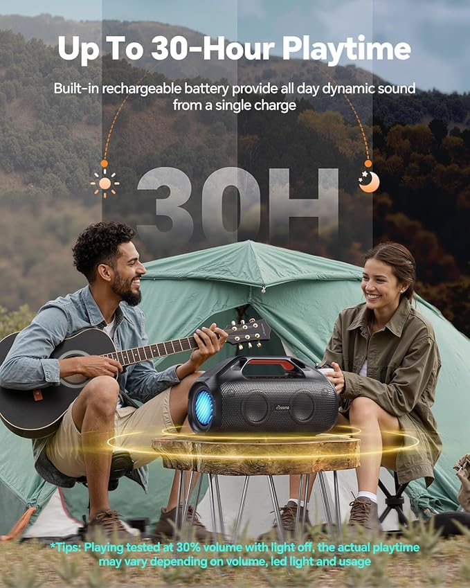 100W Bluetooth Speaker, Outdoor Wireless Boombox with Powerful Bass, RGB Lights, IPX7 Waterproof|30H Playtime|USB-C|TWS|AUX, Portable for Party, Camping, Pool, Beach, Backyard-Black
