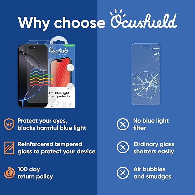 Ocushield Screen Protector for iPhone 17 Air – Blue Light Tempered Glass, Blue Light Filter, 95% Transparency, Bubble-Free Install, Scratch-Resistant, Case Friendly