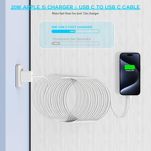 10FT Apple iPhone 16 15 Charger, 2-Pack Extra Long 10Foot USB C to Type C Charger Woven Cable Cord 20W USB C Charger Block Cube Super Quick Charging for iPhone 16 15 Pro/Plus/Pro Max,iPad Pro/Air/Mini