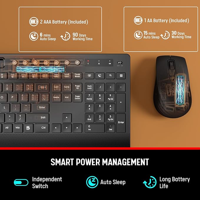 Trueque Wireless Keyboard and Mouse Combo - Full-Size Quiet Keyboard with Palm Rest, Phone Holder, Multimedia Keys, Power Switch, Compatible with Windows, Chrome OS, PC, Laptop (Batteries Included)