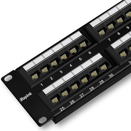 Rapink Patch Panel 48 Port Cat6 10G Support, Network Patch Panel UTP 19-Inch, Wallmount or Rackmount 1U Ethernet Patch Panel Punch Down Block for Cat6, Cat5e, Cat5 Cabling