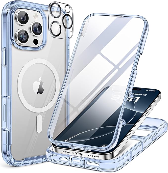 Miracase Magnetic for iPhone 16 Pro Case Full-Body Phone with Built-in Glass Screen Protector, [Compatible with MagSafe] Military Drop Proof 16 Pro Cover Bumper 6.3 inch, Clear Blue