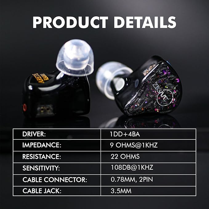 Linsoul ZiiGaat x Fresh Reviews Arete in Ear Monitor, 1DD+4BA Hybrid Earphone IEM, Wired Gaming Earbuds, Studio Monitor Tunning, with Detachable IEM Cable for Musician Audiophile(Black)