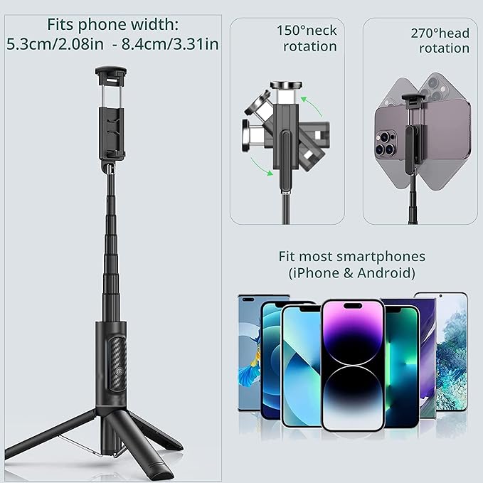 Selfie Stick Tripod with Remote Aluminum Alloy Phone Tripod Bluetooth Remote and 270°Rotation Stand Compatible with iPhone and Android Phone
