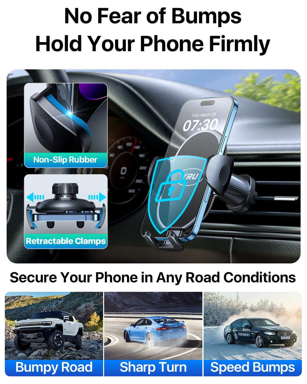 YRU Phone Holders for Your Car [2026 Upgraded Military Metal Hook], Cellphone Holder Car[No Fear of Bumps] Vent Phone Mount Truck Compatible with iPhone17 16 15 14 13 12 Samsung Android, Jet Black