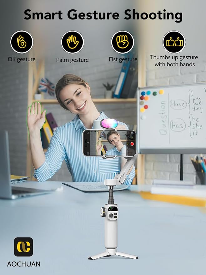 Smart X2 3-Axis Gimbal Stabilizer for Smartphone with Adjustable RGB Fill Light, Built-in 20cm Extension Pole Selfie Stick, OLED Screen for Night Shots, Video Recording,X2 KIT White