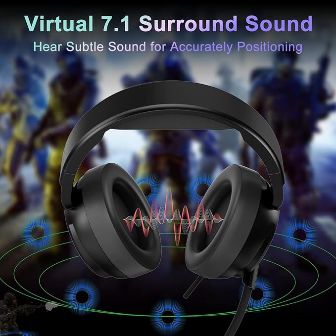 Jeecoo V20U USB Pro Gaming Headset for PC - 7.1 Surround Sound Headphones with Noise Cancelling Microphone- Memory Foam Ear Pads for Laptop Computers