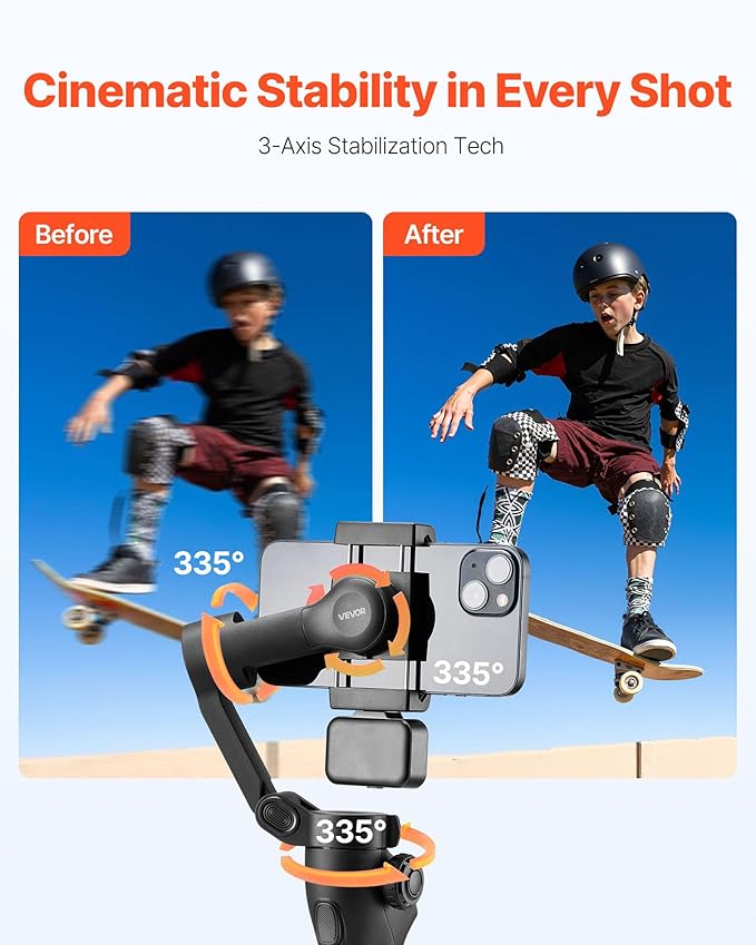 VEVOR Gimbal Stabilizer for Smartphone, 3-Axis Stabilization, Phone Gimbal for Android & iPhone with Magnetic Fill Light, Face Tracking, Gesture Control, Phone Stabilizer for Video Recording Vlogging