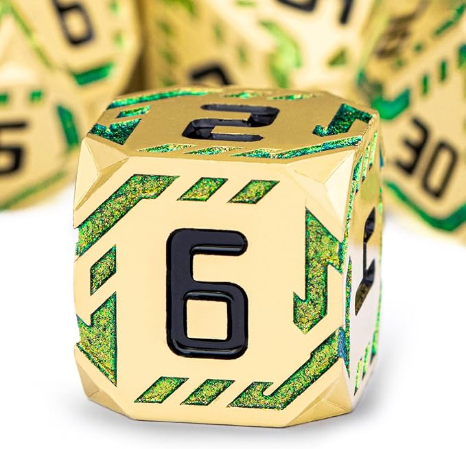 Metal DND Sci-fi Dice Set 7PCS Stripe Polyhedral Dice for Dungeons Dragons RPG Role Playing Game, Glitter D and D Dice with Gift Box D6 D8 D10 D12 D20 (Golden Green)