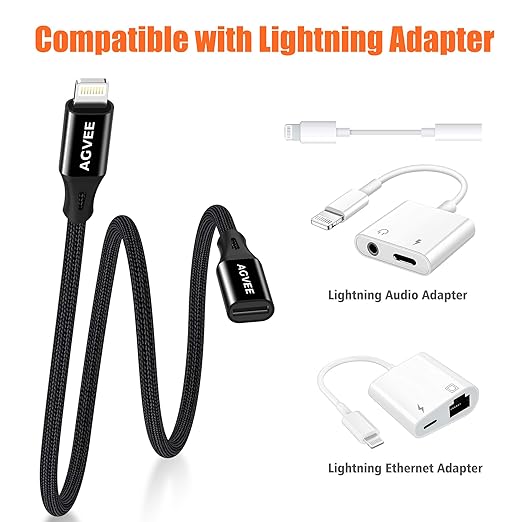 AGVEE 2 Pack 4 inch Lightning Extension Cable, Braided Female to Male Extender Full Function Cord Compatible with iPhone iPad, Data Sync Video Audio & Charging Connector Adapter, Black