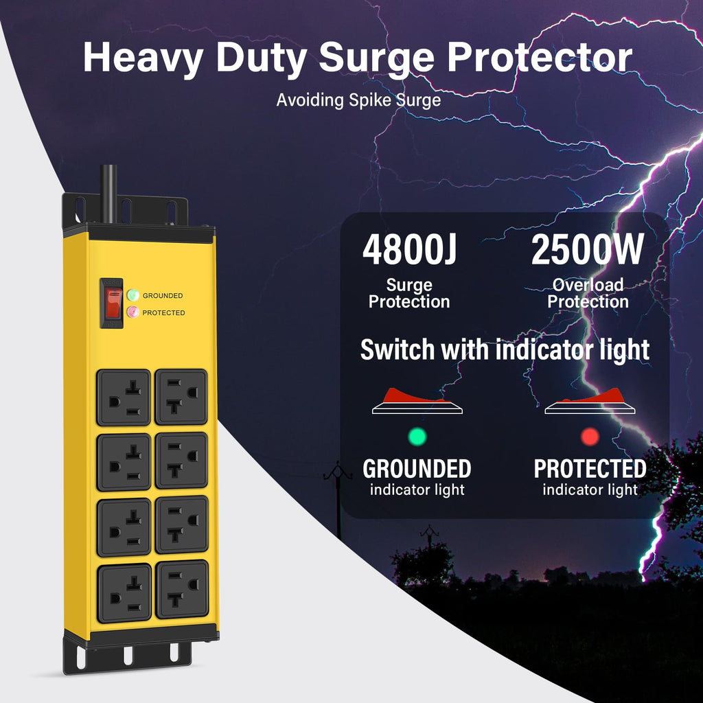 CCCEI 12 Gauge Heavy Duty Power Strip, 8 Ports, Yellow, 4FT.