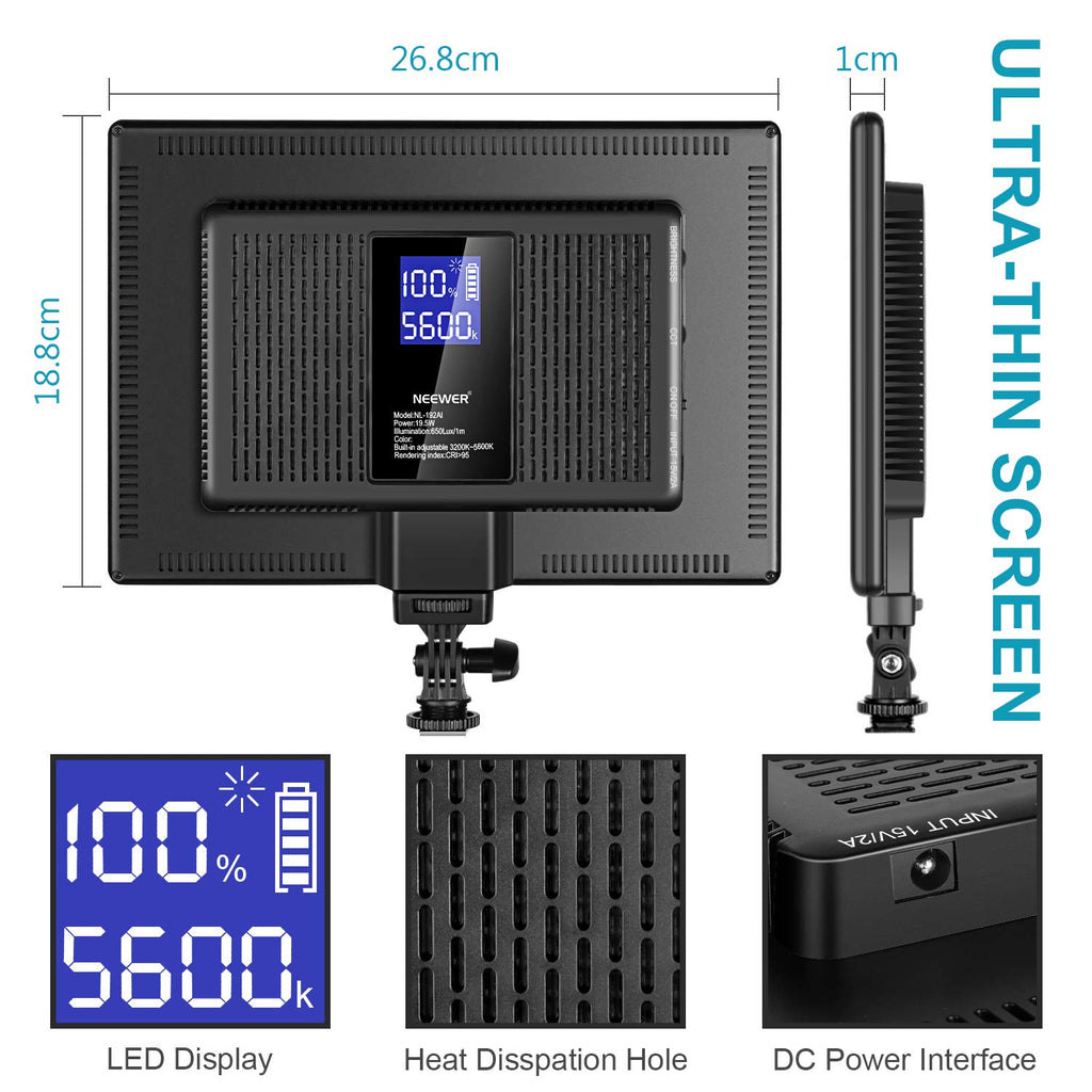 NEEWER 192 LED Video Light Panel, 20W Ultra Thin Bi Color Dimmable DSLR Camera Soft Light, 4000mAh Lithium Battery, 3200K-5600K CRI97+, Key Lighting for Studio Photography Recording Streaming