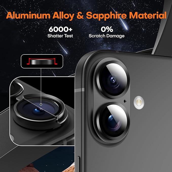 Camera Lens Protector for iPhone 16/16 Plus, Aluminum Alloy Sapphire Glass Camera Screen Cover, Case Friendly- Black Titanium