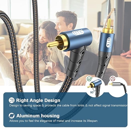 EMK RCA Subwoofer Cable 90 Degree RCA to RCA Audio Cable 24K Gold-Plated Nylon Braided Double Shielded Digital Analogue Supports Amplifiers,Home Theater,Hi-Fi Systems,Subwoofer(3.3ft/1m)