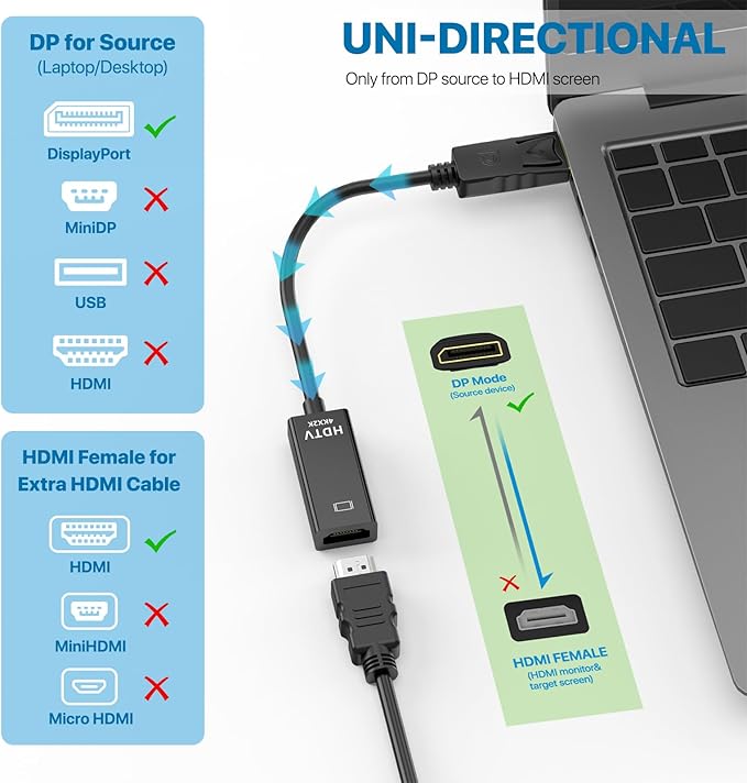 4K DisplayPort to HDMI Adapter, 1PCS Gold-Plated Uni-Directional DisplayPort PC to HDMI Screen Converter (Male to Female), Supports 3840x2160@30Hz