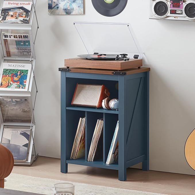 Record Player Stand with Vinyl Record Storage Holds up to 160 Albums,Large Wood Record Player Table，Blue Turntable Stand Cabinet Dispaly Shelf for Living Room,Bedroom,Office
