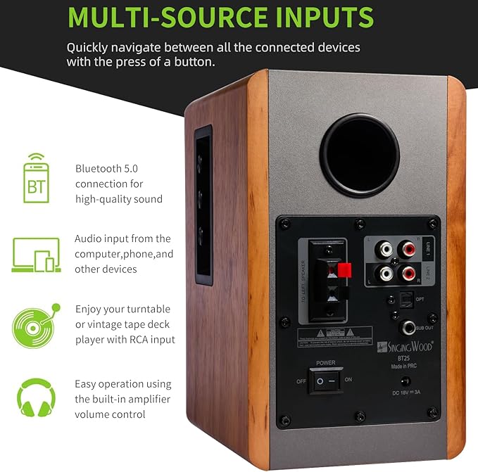 SINGING WOOD BT25 (2024 Version) Bluetooth Active Bookshelf Speakers for with Optical Aux inputs Subwoofer Line Out for PC, TVs, Turntable, Wooden Enclosure,80W - Beach Wood