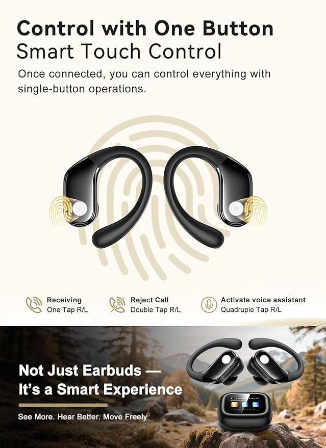Wireless Earbuds, ENC Noise Cancelling Sport Ear Buds with Multifunctional Touch Screen, Bluetooth 5.4 Headphones, Bass Stereo Sound, 5 EQ Over The Ear Earbuds for Sports/Workout/Gym-Black