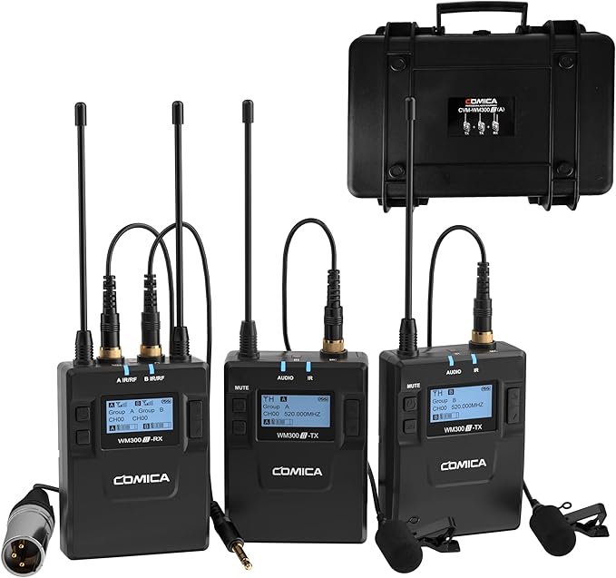 Dual Wireless Lavalier Microphone System,Comica CVM-WM300A UHF 96 Channel Professional Lapel Lav Microphone for DSLR Canon Nikon Sony Camera XLR Camcorder Youtube Interview TV Video Recording(2TX+1RX)