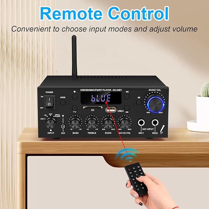 Romica Stereo Audio Amplifier, 2 Channel 500W Bluetooth 5.0 Home Theater Power Amplifier with FM, Echo, AUX, USB, SD, MIC Inputs, HiFi AMP for Passive Speakers and Active subwoofer