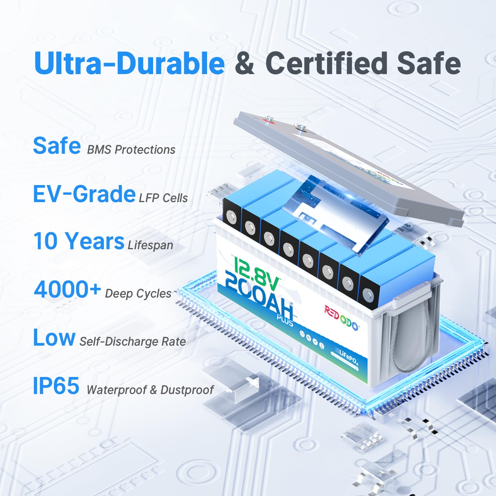 Redodo 12V 200Ah Plus Lithium LiFePO4 Battery (Pack 2), Max 2560W Power Output, 200A BMS Protection, 4000-15000 Deep Cycles,Perfect for Home Solar Storage, RV, Marine, etc