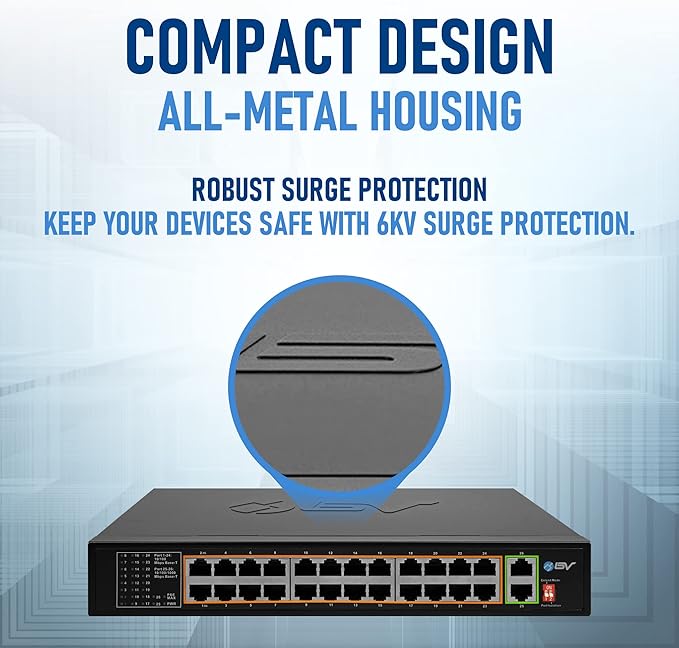 BV-Tech 24 Port PoE+ Switch with 2 Gigabit Ethernet or SFP Uplink, Long Range | POE-SW2402