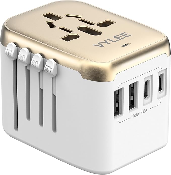 Universal International Power Travel Plug Adapter, 5 in 1 European Travel Plug Adapter W/ 3.5A 2xUSB-A and 2xUSB C Wall Charger and Worldwide AC Outlet for Europe USA UK AUS Asia (White Gold)