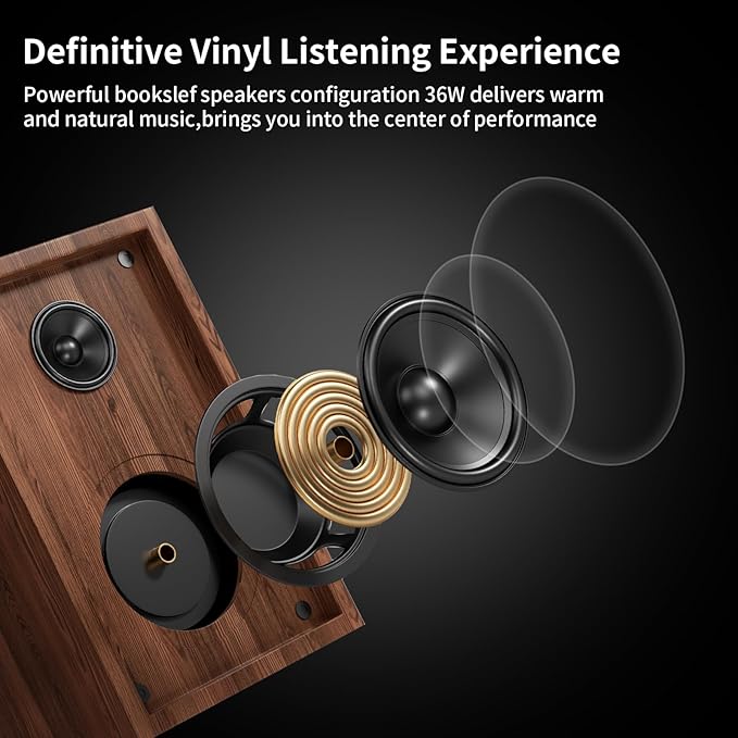Bluetooth Turntable HiFi System with 36 Watt Bookshelf Speakers, Patend Designed Vinyl Record Player with Magnetic Cartridge, Bluetooth Playback and Auto Off