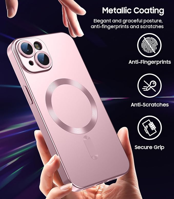 Magnetic for iPhone 13 Case [Compatible with MagSafe][Built-in Camera Lens Protector] Slim Soft Silicone Bumper Shockproof Metallic Luster Phone Case (Rose Gold)
