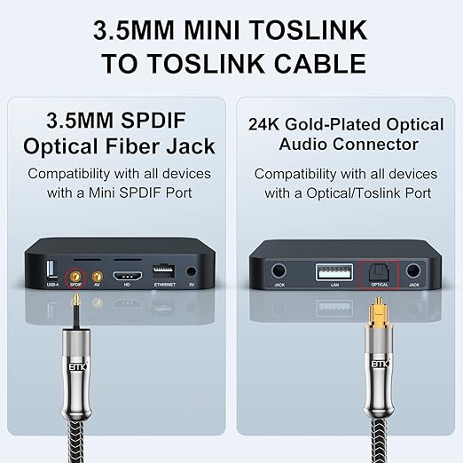 EMK 24K Gold-Plated Toslink to Mini Toslink Cable (3ft/1M) - Digital Optical Audio Cable with 3.5mm Mini Plug for Soundbar, Home Theater, TV - Silver SPDIF Fiber Optic Cable
