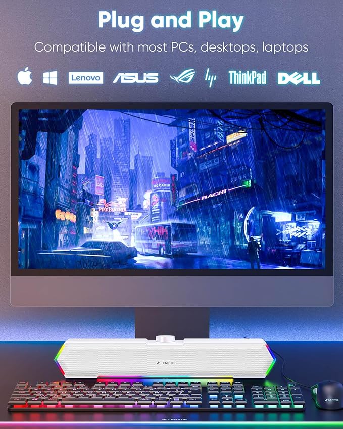 LENRUE G11 Computer Speakers for Desktop, Touch Lights PC Speakers with Surge Clear Sound, USB C/USB Powered for Computer Desktop PC Laptop Monitor (White)