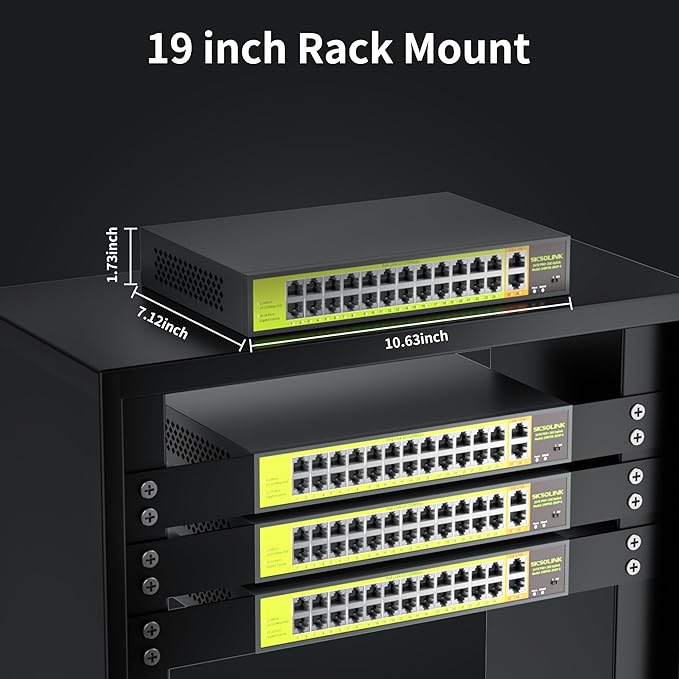 POE Switch with 24 Port POE + 2 Gigabit Uplink,802.3af/at PoE+ 100Mbps, 400W Built-in Power,Unmanaged, Extend to 250M for Security Camera System, AP, IP Phone.