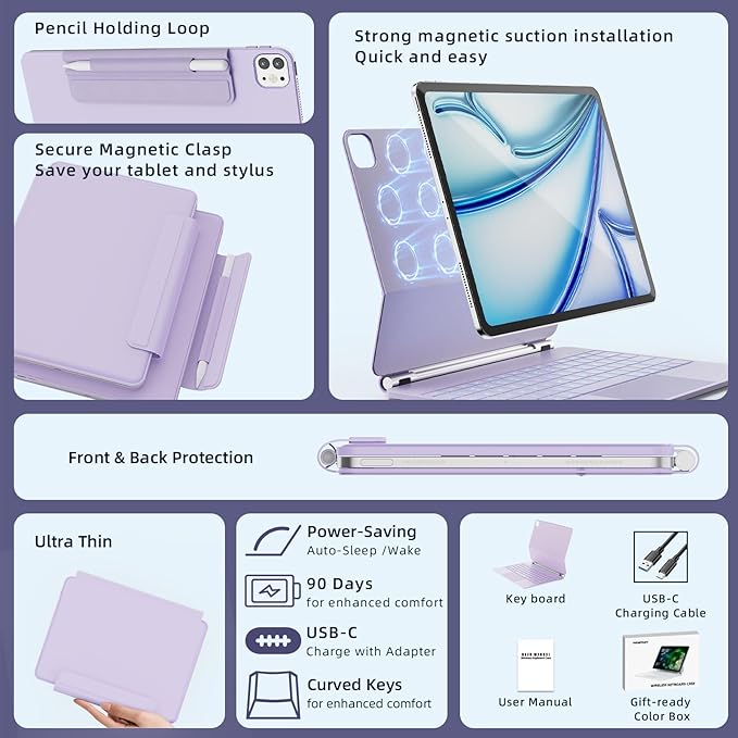 for iPad Air 13 inch Case with Keyboard (M3,2025 / M2,2024), iPad Pro 12.9 (6th/5th/4th/3rd Gen) Magic Keyboard, Springy Backlit Keys, Stain-Resistant Surface, Multi-Touch Trackpad, Purple