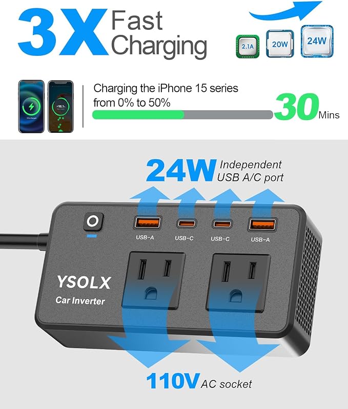300W Car Power Inverter - YSOLX Dual DC 12V to 110V AC Car Outlet Adapter to Wall Plug, 24W Fast Charging USB-C&USB-A, Portable Charger Converter with for Laptops, Phones