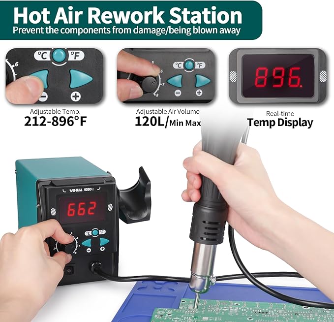 YIHUA 959D I Digital Hot Air Rework Station for SMD Reflow Soldering with 3 Hot Air Nozzles