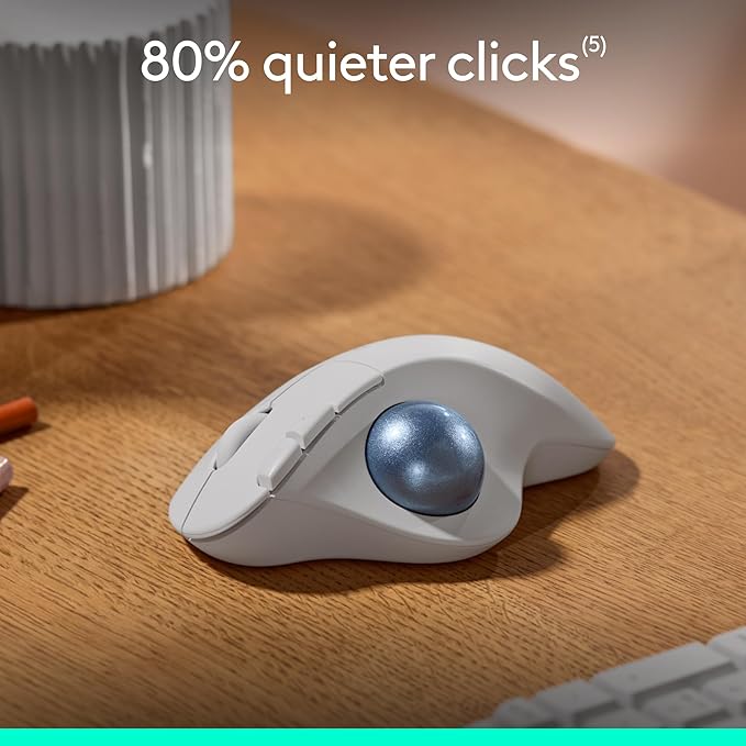 Logitech Ergo M575S Wireless Trackball Mouse, Wireless Ergonomic Mouse with Bluetooth and Encrypted Dongle, Comfortable Thumb Control, Precise and Smooth Tracking, for PC/Mac - Off-White Blue Ball