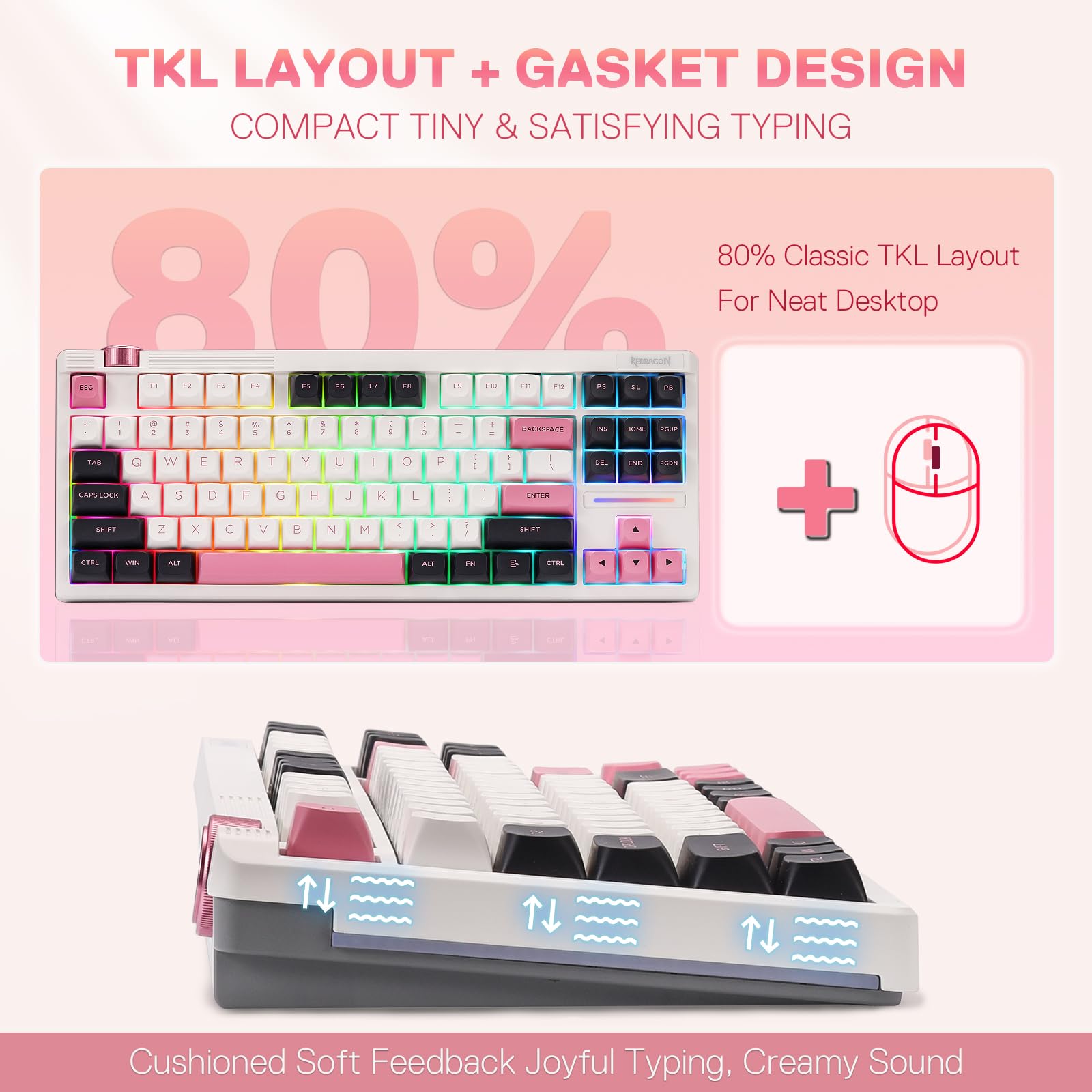 Redragon K729 80% Wired Gasket RGB Gaming Keyboard, 87 Keys TKL Mechanical Keyboard w/Knob Control, Mix-Color PBT Keycaps, Hot-Swap South-Facing Socket & 5-Layer Dampener, Custom Linear Switch