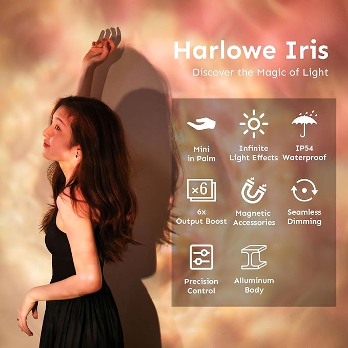Harlowe Iris Content Creator Lighting Kit Portable 5W Bi-Color Camera Light 2700K-6500K Dimmable CRI/TLCI 96+, IP54, App Control LED Light for Photography and Video Recording, Standard Kit